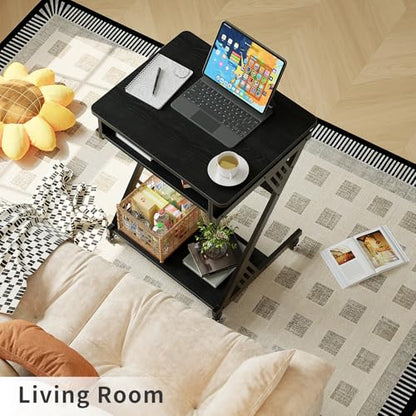 ALISENED Computer Desk for Small Spaces,23.6" Z-Shaped Compact Study Table with Smooth Keyboard Tray,with Wheels and Bottom Shelves for Home Office，Computer Cart Mobile Laptop Cart - color: Black