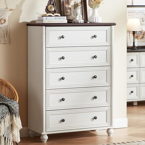 RWYHG Farmhouse 5 Drawer Dresser, 45" Tall Chest of Drawers for Bedroom | Tall White Vertical Dressers with 4 Wooden Legs, Metal Handles, Storage Organizer for Living Room, Hallway, Closet - color: Elegant White, size: 15.8"D x 31.5"W x 45"H (5 Drawers)