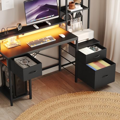 RALGEND 55" Gaming Desk with Power Outlet & LED Light, Computer Desk with Fabric Drawers, Storage Shelves & Monitor Stand, Industrial Gaming Table with Side Hook, Black