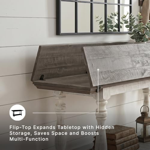 Signature Design by Ashley Havalance Farmhouse Sofa Table, Flip Top Design for Additional Dining Space and Fixed Lower Shelf, Gray & White with Weathered Finish - color: Gray/White, style: Sofa Table