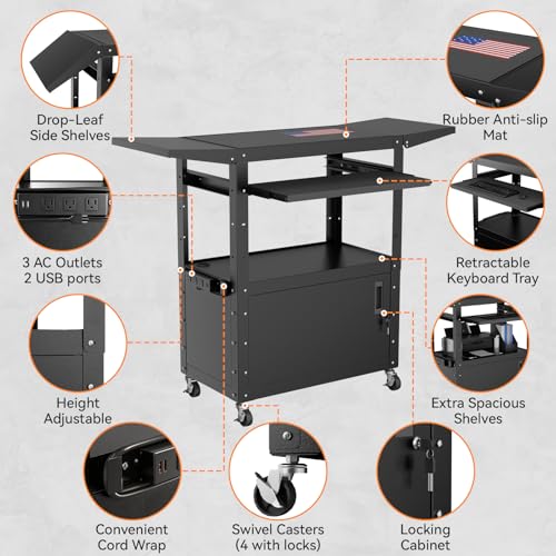 Mobile AV Cart with Drop Leaves & Adjustable Height, Rolling Computer Cart with Pullout Keyboard Tray – Locking Cabinet, 3 Outlets&2 USB Ports, Lock Brake Casters, Utility Cart for Office/Classroom - size: Style 3 18"D x 24"W x 43.3"H