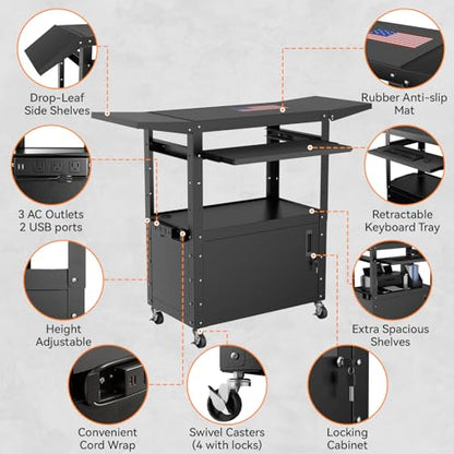 Mobile AV Cart with Drop Leaves & Adjustable Height, Rolling Computer Cart with Pullout Keyboard Tray – Locking Cabinet, 3 Outlets&2 USB Ports, Lock Brake Casters, Utility Cart for Office/Classroom - size: Style 3 18"D x 24"W x 43.3"H