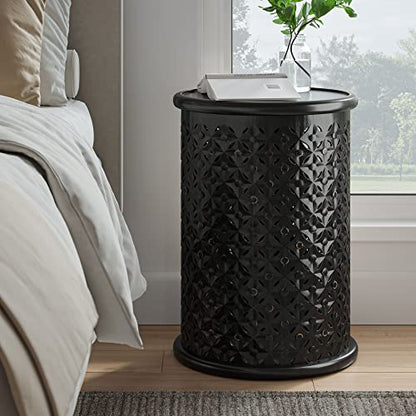 Jofran Mango Wood Drum End Table with Distressed Finish, Rustic Global Style Side Table for Living Room Bedroom, Accent Table, Antique Black - color: Antique Black