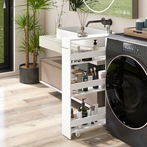 LOKO Slim Storage Cart, 4-Tier Rolling Cart with Handle & Wooden Top for Kitchen Bathroom Laundry Living Room Narrow Small Spaces, 5 Inches Width (Plain White) - color: Plain White