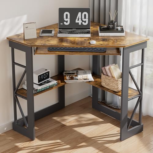VECELO Corner Desk Computer Desk Writing Table with Smooth Keyboard Tray & Storage Shelves,Compact Home Office Triangle Table,Antique Brown - color: Antique Brown