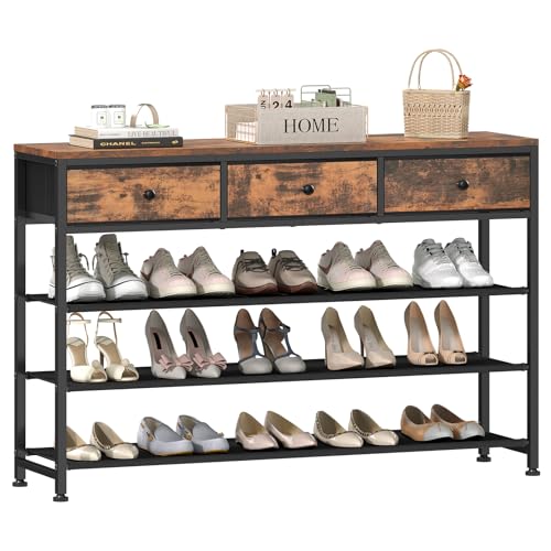 usikey 4 Tier Shoe Rack with 3 Drawers & 3 Oxford Fabric Shelves, Holds 15-18 Pairs, Metal Shoe Storage with Wood Top, Shoe Organizer for Entryway, Closet, Apartment, Rustic Brown UNYXJX022F - color: 4 Tier ( 44.9 X 11 X 30.3 Inches)-rustic Brown