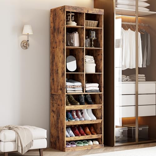 IRONCK Tall Shoe Storage Cabinet with Adjustable Shelves and Cubbies | Narrow Shoe rack Storage Organizer for entryways, closets, bedrooms and small apartments - color: Vintage Brown