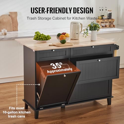 VEVOR Kitchen Island Cart, 50" Wood Top Breakfast Bar with Trash Cabinet Tilt Out 10 Gallon Storage, Farmhouse Dining Living Room Table with Drop Leaf, Towel Bar, Drawer, Black - size: 50"W (dropleaf)