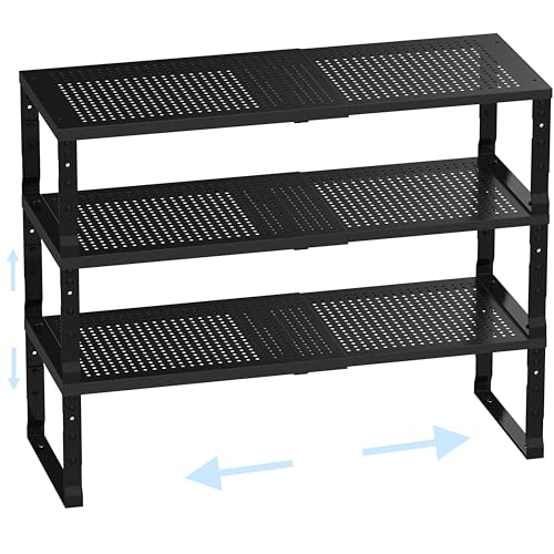 Cabinet Shelf Organizer, Spice Rack,Stackable, Expandable, Rust Resistant, Convenient Kitchen Storage, Metal Shelf for Kitchen, Countertop, Restroom(3Packs/Black,Medium) - color: Black, size: 3 PACKS/BLACK/MEDIUM