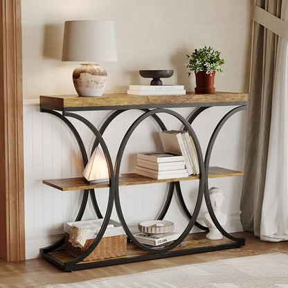 Garvee 39" Narrow Console Tables for Entryway, Industrial 3-Tier Sofa Table with Round Metal Base and Storage Shelves for Living Room, Hallway, Foyer, Retro Brown - color: Retro Brown