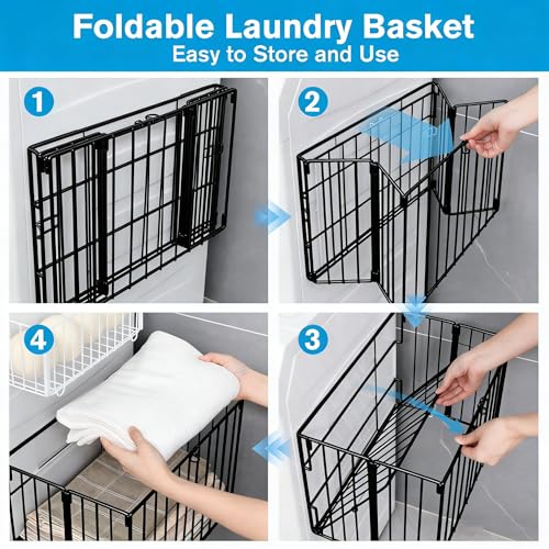 Magnetic Collapsible Laundry Basket, Foldable Metal Laundry Hamper for Washing Machine Side, Space Saving Pop Up Hamper, Laundry Room Organization and Storage (Black) - color: Black