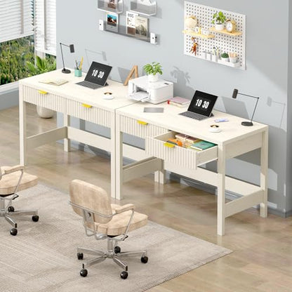 YOMILUVE Fluted Computer Desk with 2 Drawers, 39 Inch Small Computer Desk with Storage, Compact Writing Study Vanity Desk for Small Spaces, White - color: White
