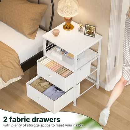 EnHomee 17.8" W Nightstand, End Table with Fabric Drawers and Open Wood Shelf Storage,Safety Netting on 2 Sides of Night Stand, Bedside Table with Metal Frame for Bedroom,Closet, Hallway,Dorm, White - color: White