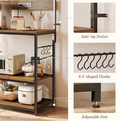 SUPERJARE Bakers Rack with Power Outlets, Microwave Stand, 39.4 X 14.3 Inch Larger Desktop, Kitchen Storage Rack with Adjustable Middle Shelf, 6 S-Shaped Hooks, Coffee Bar Stand, Rustic Brown - color: Rustic Brown, size: 39.4inch
