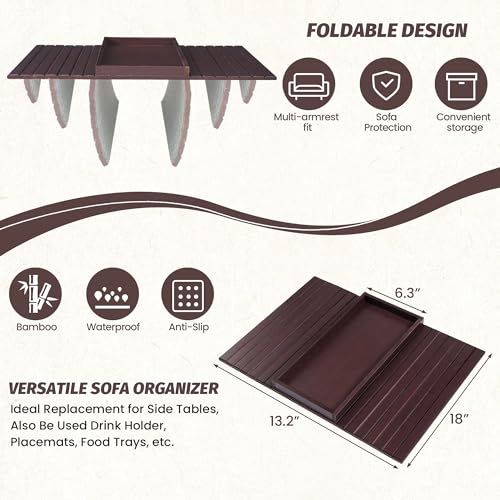 GEHE Bamboo Sofa Arm Tray, Foldable Couch Arm Tray Side Table, Anti-Falling Armrest Tables Cup Holder for Snacks, Drinks, Beers, Phone, Control, Flexible and Portable, Anti-Slip - color: Mahogany