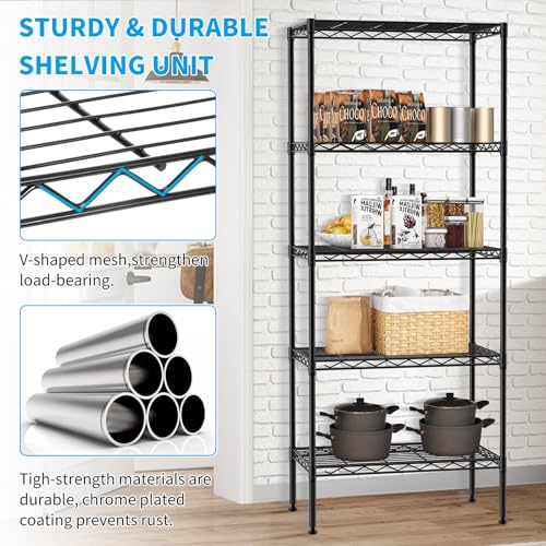 BLKMTY 5 Tier Wire Shelving, Narrow Storage Metal Shelf, Standing Shelf Units, Adjustable Garage Shelving, 750 lbs Capacity, Commercial Shelves, 11.6" D x 21.5" W x 47.6" H, Black - color: Black, size: 5 Tire: 11.6" D x 21.5" W x 47.6" H
