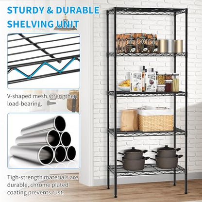 BLKMTY 5 Tier Wire Shelving, Narrow Storage Metal Shelf, Standing Shelf Units, Adjustable Garage Shelving, 750 lbs Capacity, Commercial Shelves, 11.6" D x 21.5" W x 47.6" H, Black - color: Black, size: 5 Tire: 11.6" D x 21.5" W x 47.6" H