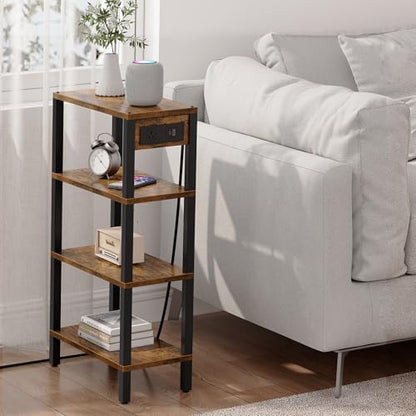 TUTOTAK Narrow Side Table Set of 2, Small End Table with Charging Station | 4-Tier Skinny Sofa Table, Slim Nightstand, Easy Assembly for Living Room, Bedroom, Brown TB01BB0802 - color: Brown, size: 4-tier