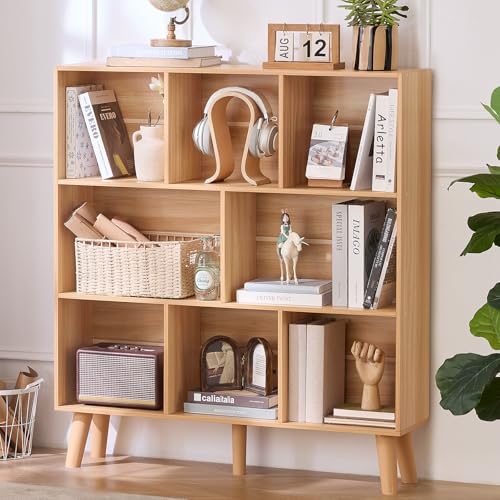 LEYAOYAO Wooden 8 Cube Book Shelf, Natural 3 Tier Bookshelf with Legs, Modern Open Storage Organizer,Boho Bookcase,Display Cabinet Shelf Free Standing Bookshelves for Bedroom,Living Room,Office - color: Natural, size: 8 Cube with Legs