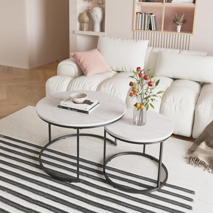 Nesting Coffee Table Set of 2 Round Side Tables, 27.6 Inch Marble Top Coffee Table with Metal Frame for Small Space, Living Room, Bedroom, Balcony & Apartment(White) - color: White