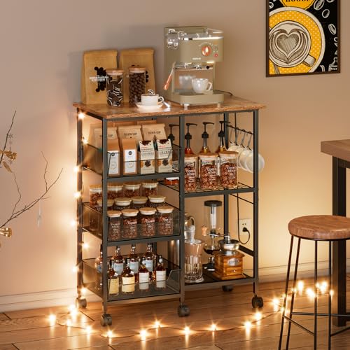 Rolling Kitchen Microwave Organizer Cart, Adjustable Shelves, Black | Kitchen Island Storage Cart with Tilt-Out Baskets & Lockable Wheels, 27.75"L × 15.35"W × 32.9"H, for Coffee Bar & Living Room - color: Black