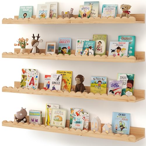 Shario Nursery Book Shelves, 4-Pack Wood Floating Shelves for Wall Kids, Scalloped Shelves, Wall Book Shelves for Bedroom Kids, Toddler Room, Baby Room, Nursery Decor(Wood, 36 Inches) - color: Wood, size: 36 Inches