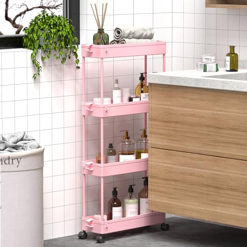 SPACEKEEPER Slim Rolling Storage Cart 4 Tier Bathroom Organizer Utility Cart Mobile Shelving Unit Tower Rack for Kitchen, Laundry Room, Bathroom, Narrow Places, Pink - color: Pink