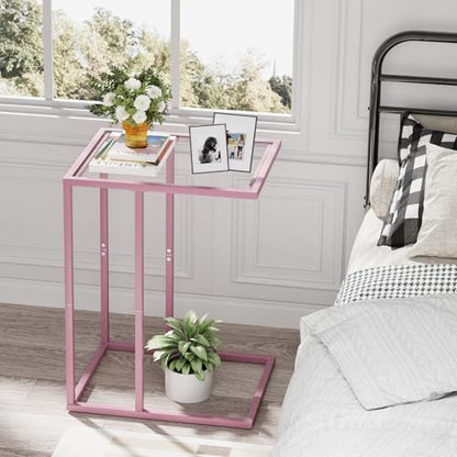 C Shaped End Table, Side End Tables for Living Room,Glass Sofa Couch Table with Metal Frame, Small Tv Tray Snack Dinner Table for Bedroom, Small Spaces, Easy Assembly (Pink) - color: Pink