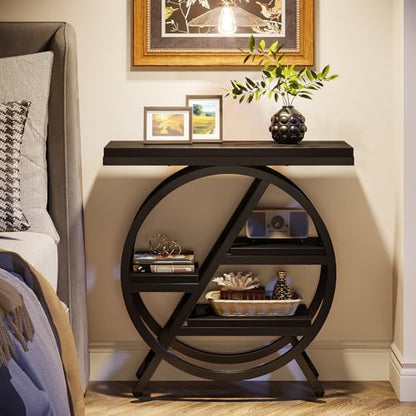 Tribesigns End Table for Living Room, 3-Tier Narrow Side Table with Storage, Wood Sofa Side Table with Geometric Metal Frame, Industrial Nightstand and Bedside Table for Bedroom, Black - color: Black