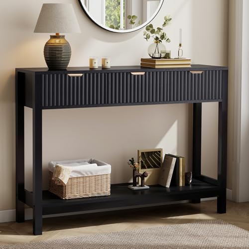 Nasonet Fluted Console Table, Wooden Sofa Table with Storage and Drawers, Farmhouse Behind Couch Table Entryway Table for Entrance, Hallway, Living Room, Black - color: Black, style: Modern