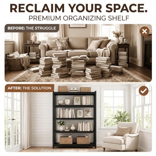 4 Tier Metal Bookshelf, Adjustable Tall Bookcase, Heavy Duty 2400 LBS Modern Deep Book Shelf, Bolt-Free Storage Shelves for Living Room, Home Office, Garage, 23.6" Wx 11.8" Dx 44.1" H - size: 4 Tier-23.6"Wx 11.8"Dx 44.1"H