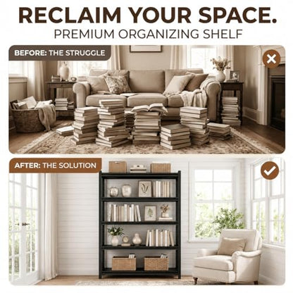 4 Tier Metal Bookshelf, Adjustable Tall Bookcase, Heavy Duty 2400 LBS Modern Deep Book Shelf, Bolt-Free Storage Shelves for Living Room, Home Office, Garage, 23.6" Wx 11.8" Dx 44.1" H - size: 4 Tier-23.6"Wx 11.8"Dx 44.1"H