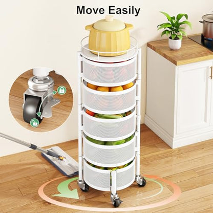 SAYZH Fruit Vegetable Basket for Kitchen, Rotating Storage Rack, 5 Tier Rolling Cart with top lid, Large Metal Wire Wheels (White) - color: White