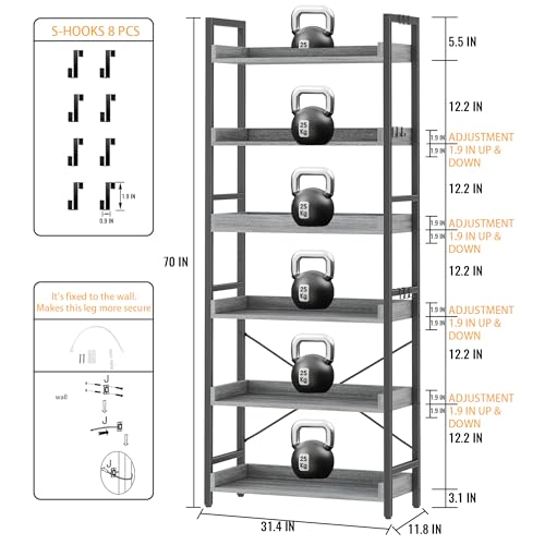 HCHQHS 6 Tier Bookshelf, Adjustable Industrial Bookcase, Vertical Tall Book Shelf, Wood and Black Metal Open Bookshelves for Home Office, Living Room, Bedroom - color: Grey, size: 6-Tier (24"W x 70"H)