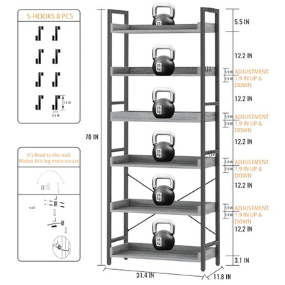 HCHQHS 6 Tier Bookshelf, Adjustable Industrial Bookcase, Vertical Tall Book Shelf, Wood and Black Metal Open Bookshelves for Home Office, Living Room, Bedroom - color: Grey, size: 6-Tier (24"W x 70"H)