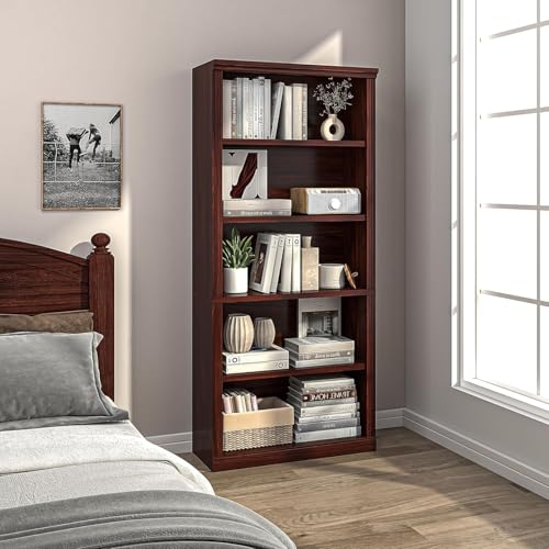 5- Shelf Bookcase, Wood Book Shelf with Bookshelves | Zhiseek Tall Bookshelf, 30.7"W x 12.8"D x 68.4"H, Cherry, Living Room, Library, Office - color: Cherry, size: 5-Tier