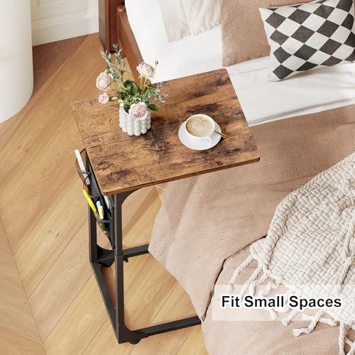 Fixwal C Shaped End Table Adjustable Height Side Table for Couch, TV Tray with Storage Bag Slide Under Sofa Small Tables for Living Room, Bedroom & Office, Rustic Brown - color: Rustic Brown, style: Long Board