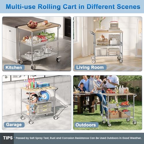 Rolling Kitchen Carts with Wheels, 3-Tier Utility Cart with Wood Tabletop | NSF Commercial Metal Serving Cart with Handle and Shelf Liner for Kitchen Snacks, 34"D x 17.5"W x 32.5"H,Chrome - color: Wood-chrome