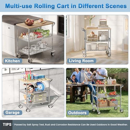 Rolling Kitchen Carts with Wheels, 3-Tier Utility Cart with Wood Tabletop | NSF Commercial Metal Serving Cart with Handle and Shelf Liner for Kitchen Snacks, 34"D x 17.5"W x 32.5"H,Chrome - color: Wood-chrome