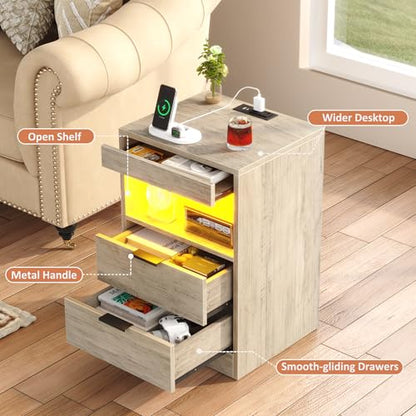 Gadroad LED Nightstand with Charging Station, Bedside Table with USB Ports & Power Outlets, Modern Night Stand with Drawers for Bedroom Small Spaces, Grey - color: Grey