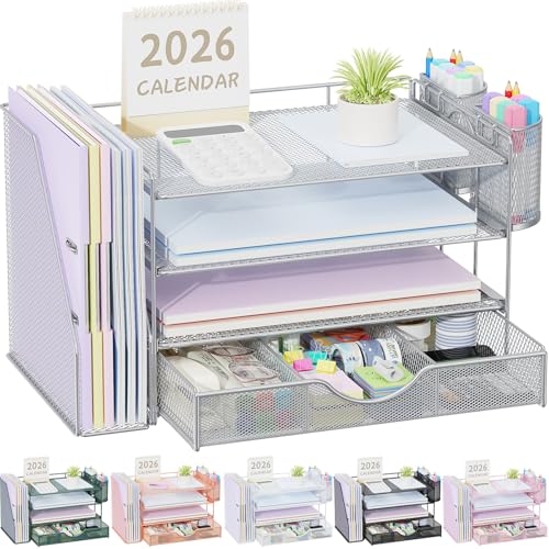 gianotter Desk Organizers and Accessories with File Holder, 4-Tier Desk Accessories & Workspace Organizers with Drawer and 2 Pen Holder, Paper Organizer for Office Supplies (Grey) - color: Grey, size: 4T