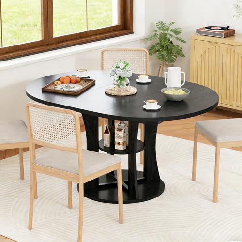 Extendable Round Dining Table for 4-6-8, 43.3-59in Expandable Dining Table with Storage Shelf, Space Saving Circle Oval Kitchen Table with Leaf for Dining Room, Black - color: Black