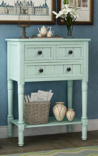 P PURLOVE Narrow Console Table, Farmhouse Entryway Table Slim Sofa Table with Three Storage Drawers and Bottom Shelf, Wood Entry Table for Living Room, Easy Assembly (Mint Green) - color: Retro Blue