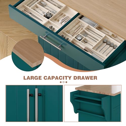 Kitchen Island with Storage, Wooden Countertop Rolling Kitchen Island On Wheels Storage Cabinet, Mobile Kitchen Island Cart with Towel Rack, Spice Rack and Drawers,Green - color: Green