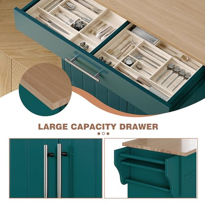 Kitchen Island with Storage, Wooden Countertop Rolling Kitchen Island On Wheels Storage Cabinet, Mobile Kitchen Island Cart with Towel Rack, Spice Rack and Drawers,Green - color: Green
