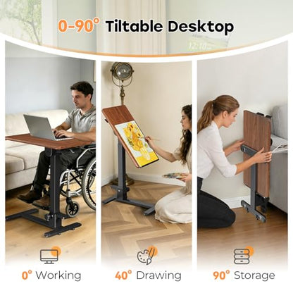 Foldable Mobile Standing Desk, 27 Inch Small Rolling Laptop Cart Height Adjustment, 90° Tiltable Bedside Table, No Assembly Needed Portable Computer Workstation, Dark Wood - color: Dark Wood