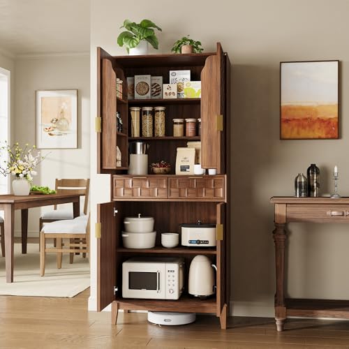 Pantry Cabinet, 71" Tall Pantry Cabinet,Modern Kitchen Cabinet with Doors, Drawers & Adjustable Shelves, Freestanding Food Pantry Cupboard with Side Rack for Kitchen Dining Room,Walnut - color: Walnut-new