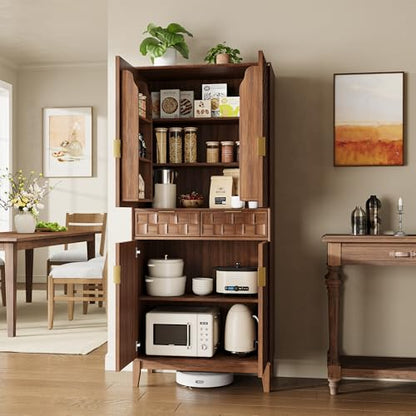 Pantry Cabinet, 71" Tall Pantry Cabinet,Modern Kitchen Cabinet with Doors, Drawers & Adjustable Shelves, Freestanding Food Pantry Cupboard with Side Rack for Kitchen Dining Room,Walnut - color: Walnut-new