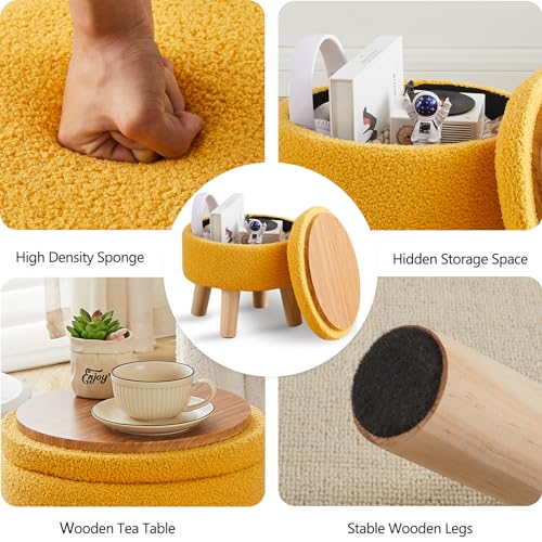 Wimarsbon Storage Ottoman, Modern Round Footrest with Soft Padded Seat, Teddy Velvet Footstool with Wood Legs, Accent Small Table or Plant Stand for Hallway, Living Room (Brilliant Yellow) - color: Brilliant Yellow