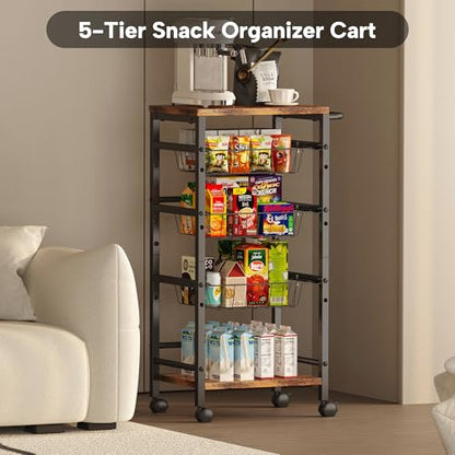 5-Tier Snack Organizer Cart with 3 Height Adjustable Pull-Out Baskets and 2 Storage Shelves, Utility Kitchen Organizer and Storage Cart with Convenient Handle for Fruit Potato Onion Vegetable Snack - style: 5 Tier
